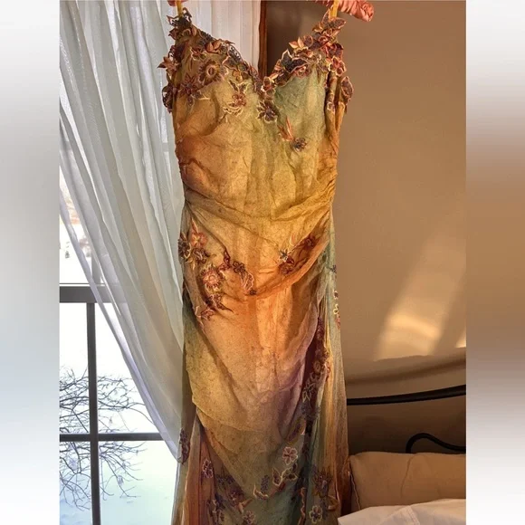 Vintage 100% Silk Dress Vintage Cache Rainbow Dress Prom Vintage Beaded Dress - Picture 5 of 17